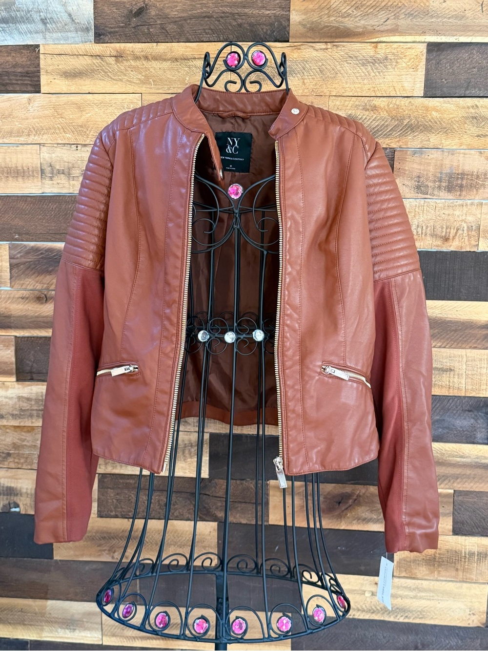NWT New York & Company Brown Faux Leather Quilted Moto Jacket - Picture 3 of 12
